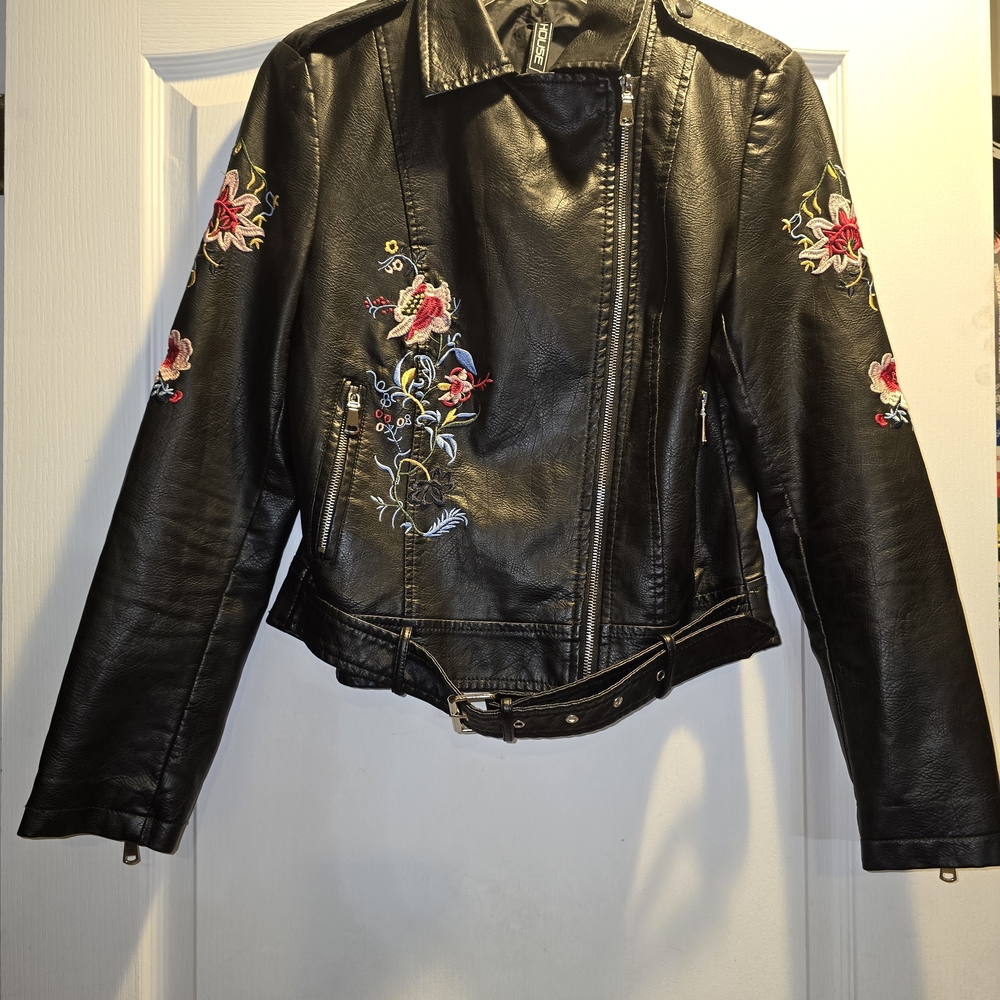 Phoenix Floral Embroidered Black Leather Jacket